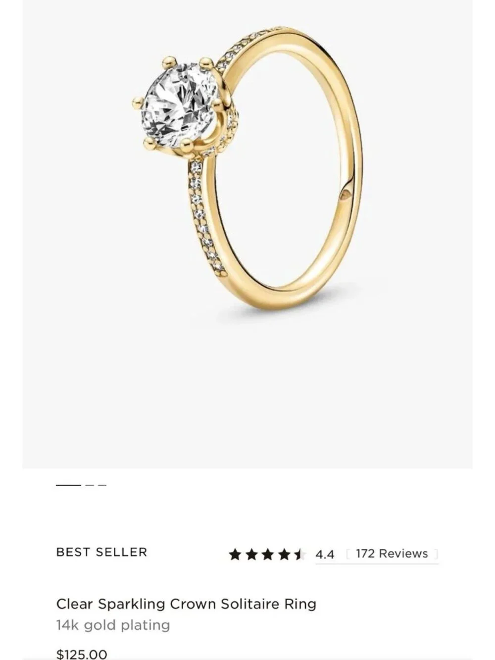 Pandora Clear Sparkling Crown Solitaire Ring Gold Plating Size 4.75